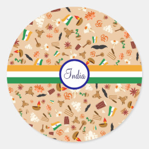 Indian cultural items with flag and text classic round sticker