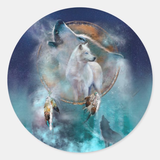 Indian dreamcatcher and ethnic tribal head wolf classic round sticker (Front)