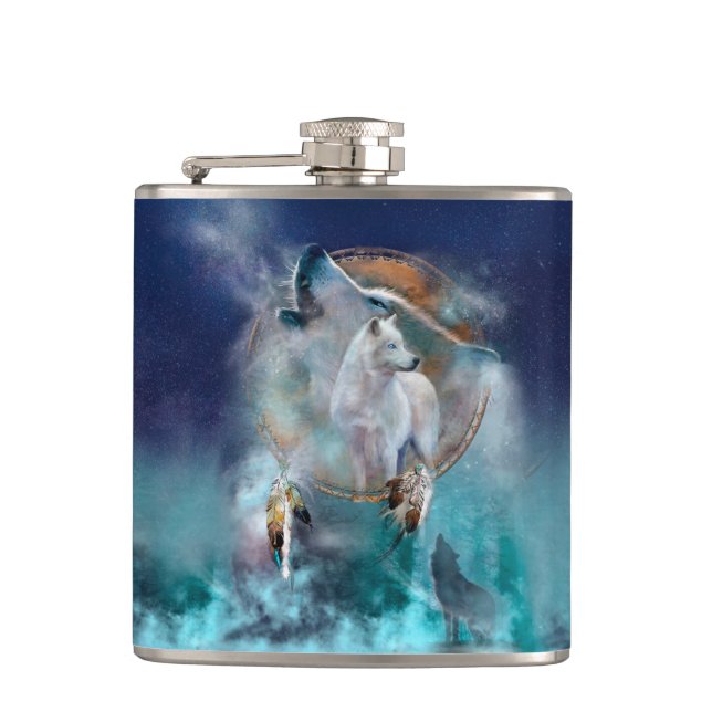 Indian dreamcatcher and ethnic tribal head wolf hip flask (Front)