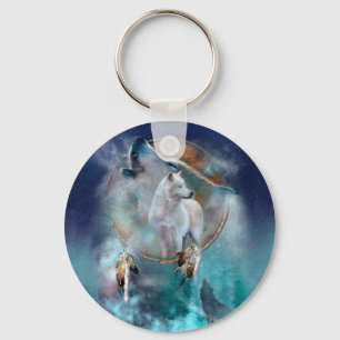Indian dreamcatcher and ethnic tribal head wolf key ring