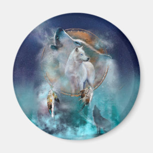 Indian dreamcatcher and ethnic tribal head wolf magnet