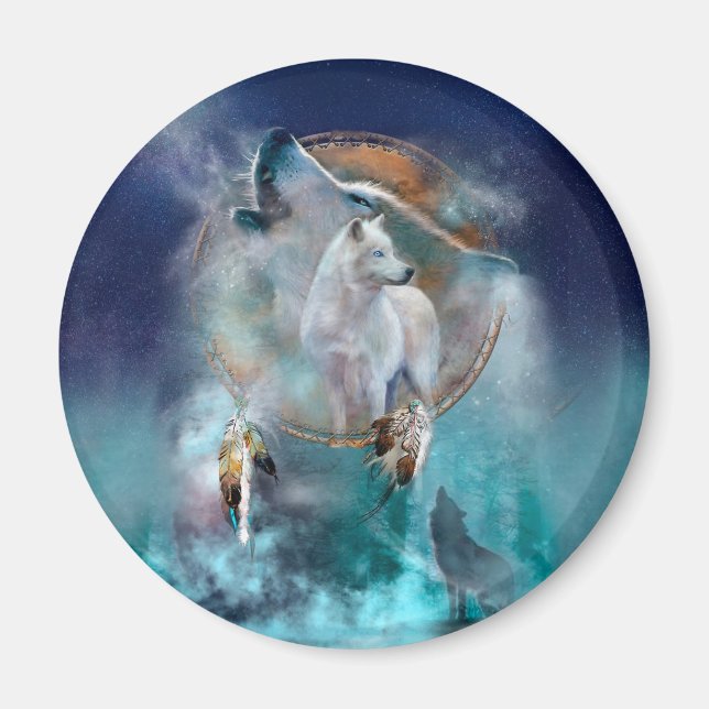 Indian dreamcatcher and ethnic tribal head wolf magnet (Front)