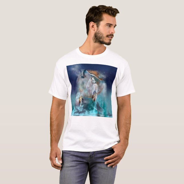 Indian dreamcatcher and ethnic tribal head wolf T-Shirt (Front Full)