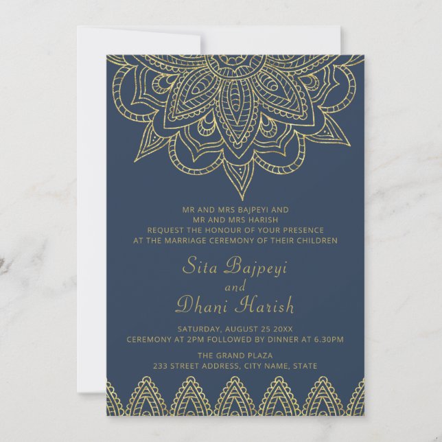 Indian Elegant Navy Gold Mehndi Hindu Wedding Invitation (Front)