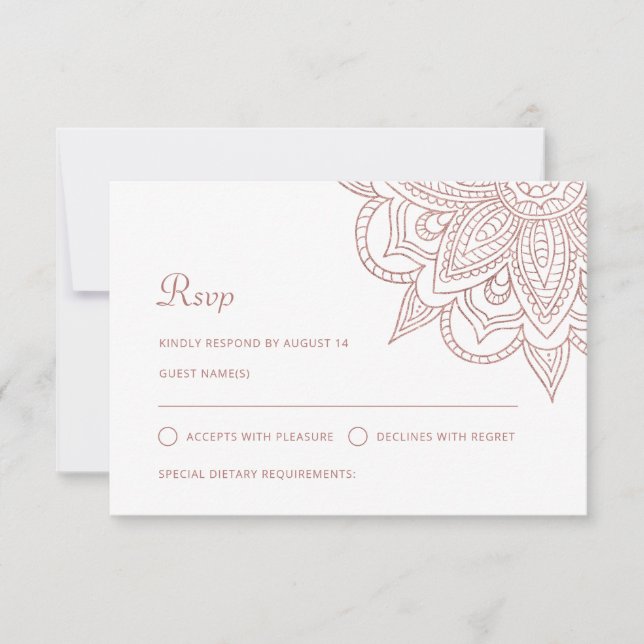 Indian Elegant Rose Gold Mehndi Hindu Wedding RSVP Card (Front)
