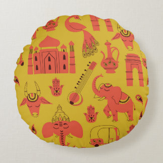 Indian Elements, Hand Drawn Vintage. Round Cushion