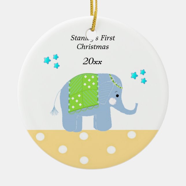 Indian Elephant Baby's First Christmas Ceramic Tree Decoration (Front)
