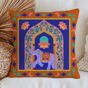 Indian Elephant Brown& Blue BOHO Chic Folk Art Cushion