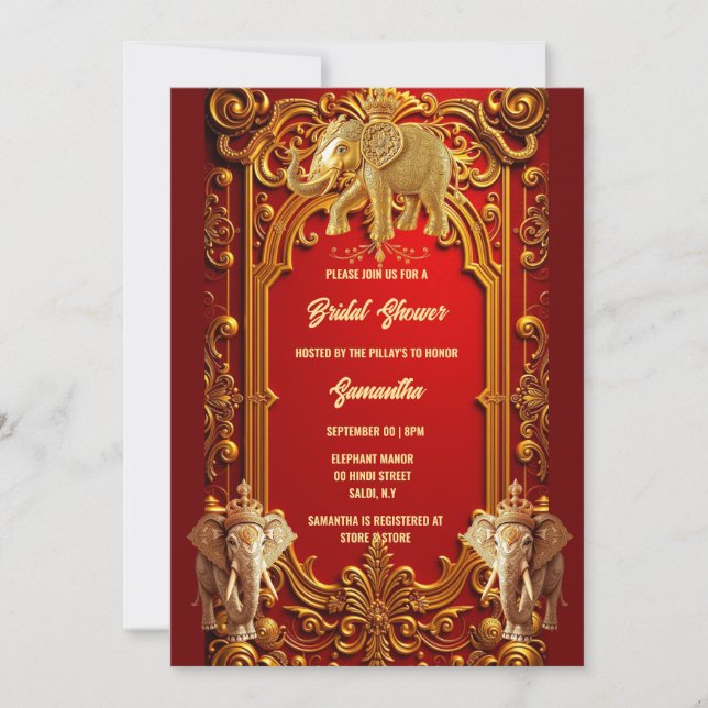 Indian elephant burgundy gold royal bridal shower invitation (Front)