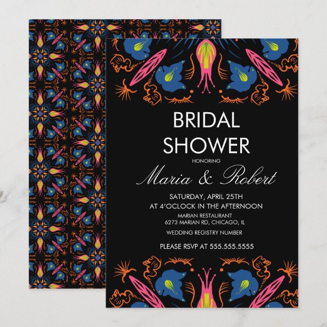 Indian Elephant Floral Black  Bridal Shower Invitation (Front/Back)