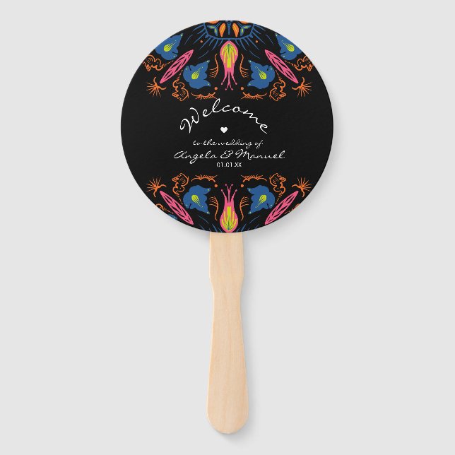 Indian Elephant Floral Black Wedding Hand Fan (Front)