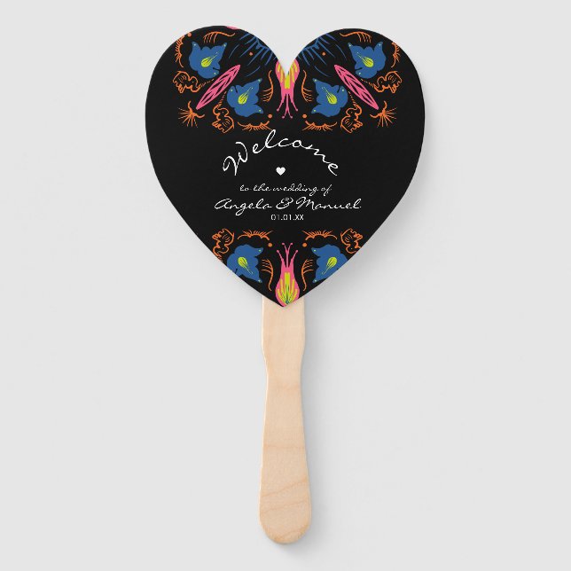 Indian Elephant Floral Black Wedding Heart Hand Fan (Front)