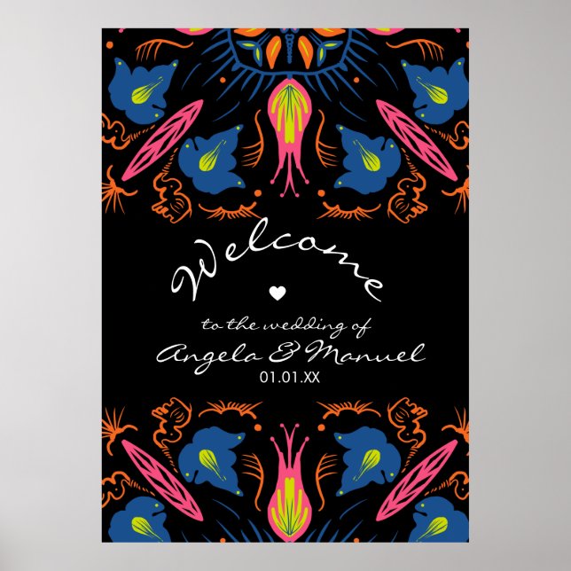 Indian Elephant Floral Black Wedding Poster (Front)