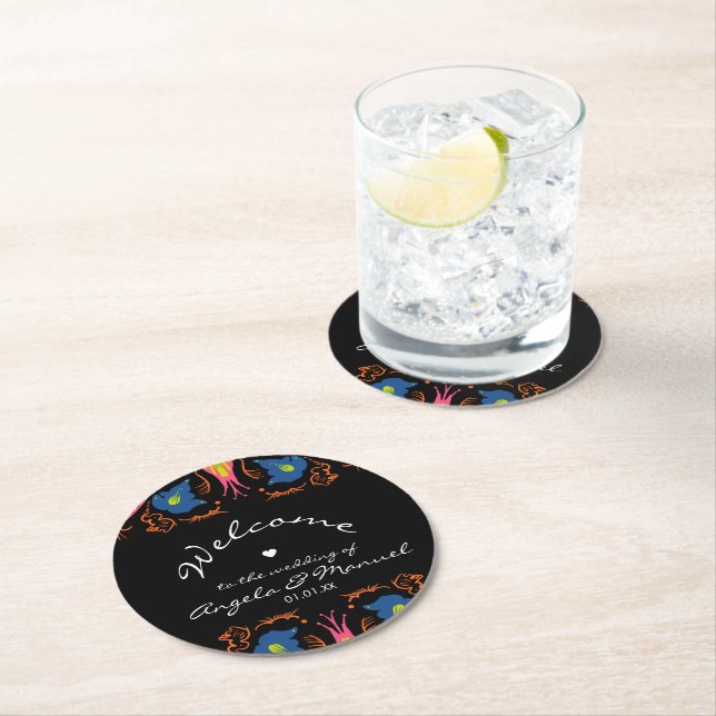 Indian Elephant Floral Black Wedding    Round Paper Coaster (Insitu)