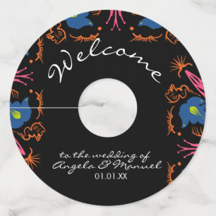 Indian Elephant Floral Black Wedding Wine Glass Tag