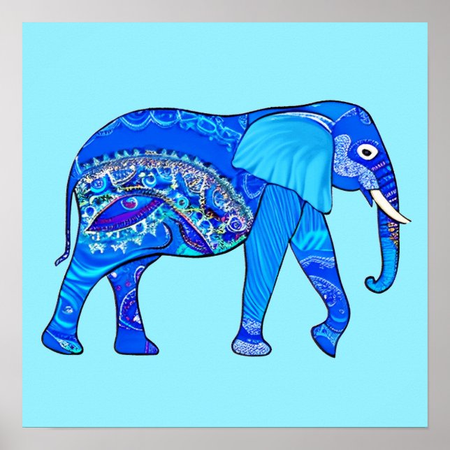 Indian Elephant in a Blue Arabesque Pattern Poster (Front)