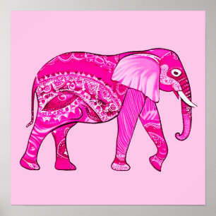 Indian Elephant in a Fuchsia Pink Arabesque Patter Poster