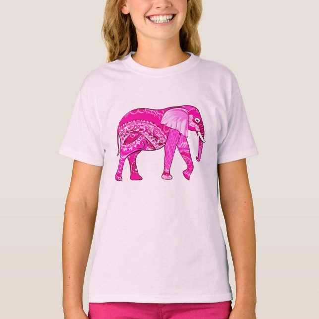 Indian Elephant in a Fuchsia Pink Arabesque Patter T-Shirt (Front)