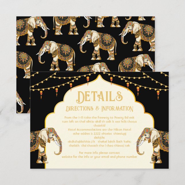 Indian Elephant lights Wedding Details info card (Front/Back)