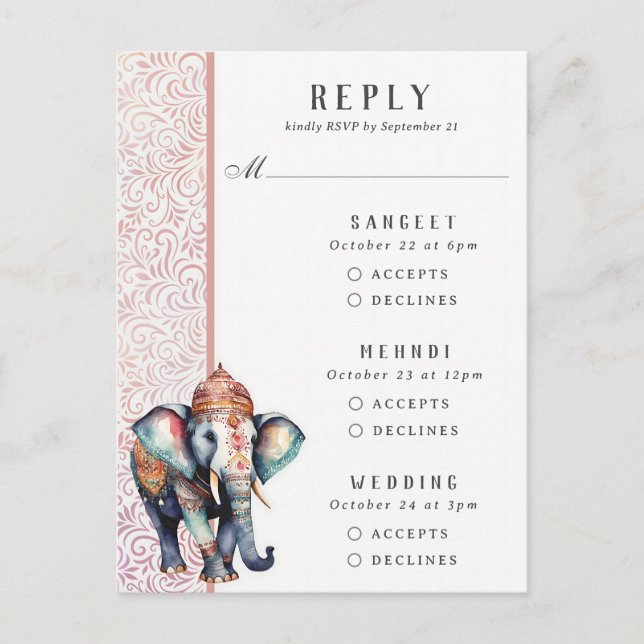 Indian Elephant Multi Event Wedding RSVP Card (Front)