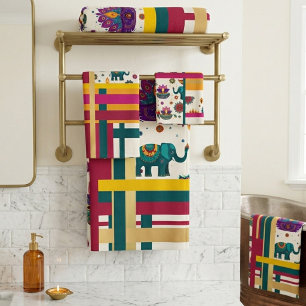 Indian Elephant Peacock Colourful Geometric Bath Towel Set