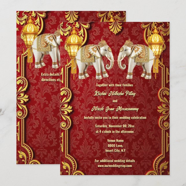 Indian elephants burgundy gold lanterns Hindi chic Invitation (Front/Back)