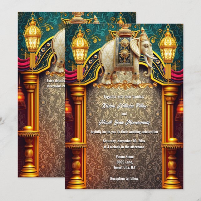 Indian elephants burgundy gold lanterns luxurious  invitation (Front/Back)