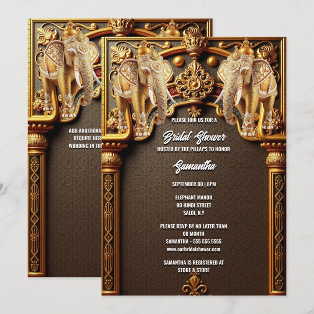 Indian elephants floral gold luxury bridal shower invitation (Front/Back)
