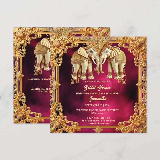 Indian elephants fuchsia gold ornate bridal shower holiday card (Front/Back)