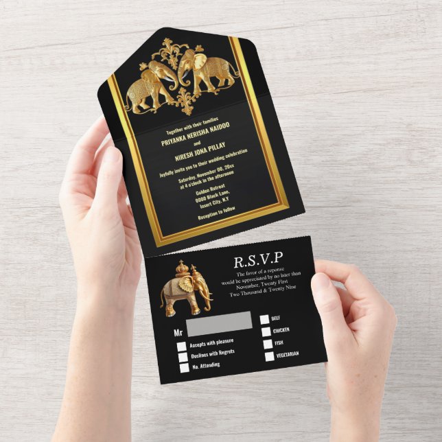 Indian elephants gold black Hindi Hindu luxurious All In One Invitation (Tearaway)