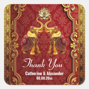 Indian elephants Hindi lotus flower royal gold red Square Sticker