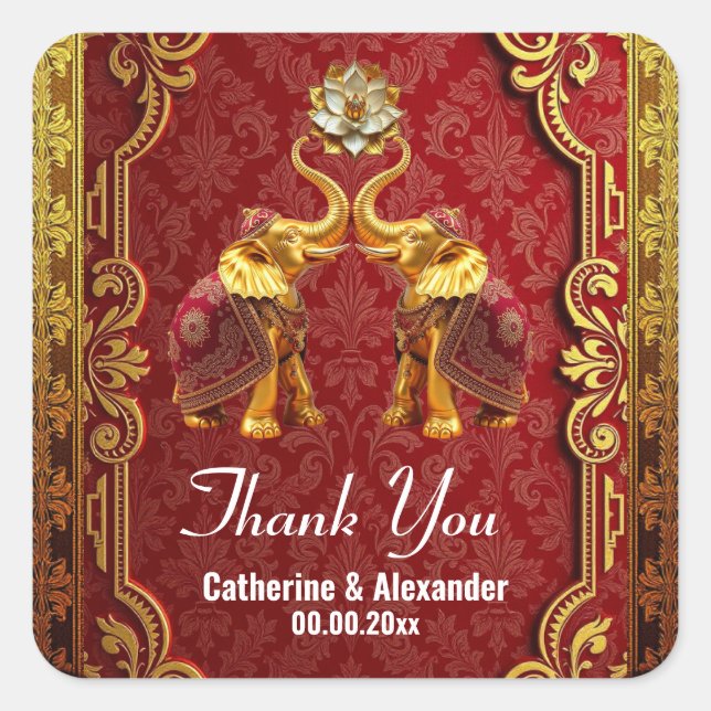 Indian elephants Hindi lotus flower royal gold red Square Sticker (Front)