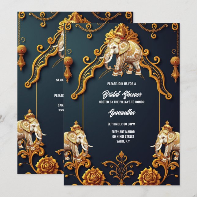 Indian elephants navy gold royal decorative hindu invitation (Front/Back)