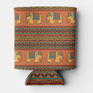 Indian Elephants, Orange Traditional Seamless. Can Cooler