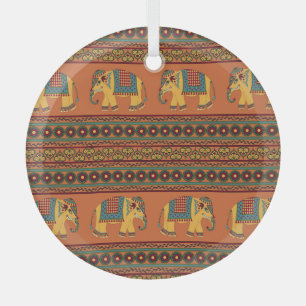 Indian Elephants, Orange Traditional Seamless. Glass Tree Decoration