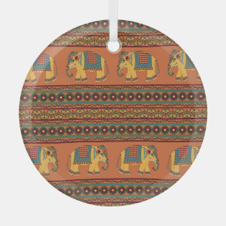 Indian Elephants, Orange Traditional Seamless. Glass Tree Decoration