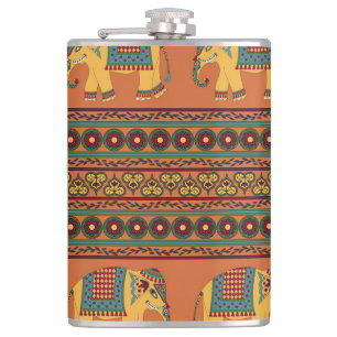 Indian Elephants, Orange Traditional Seamless. Hip Flask