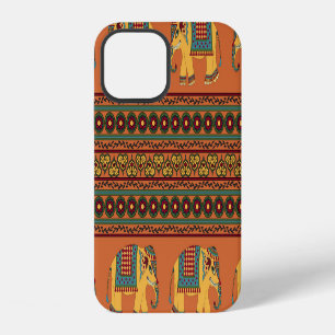 Indian Elephants, Orange Traditional Seamless. iPhone 12 Case