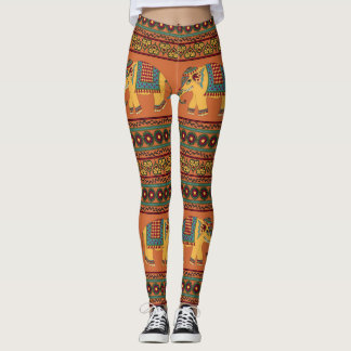Indian Elephants, Orange Traditional Seamless. Leggings