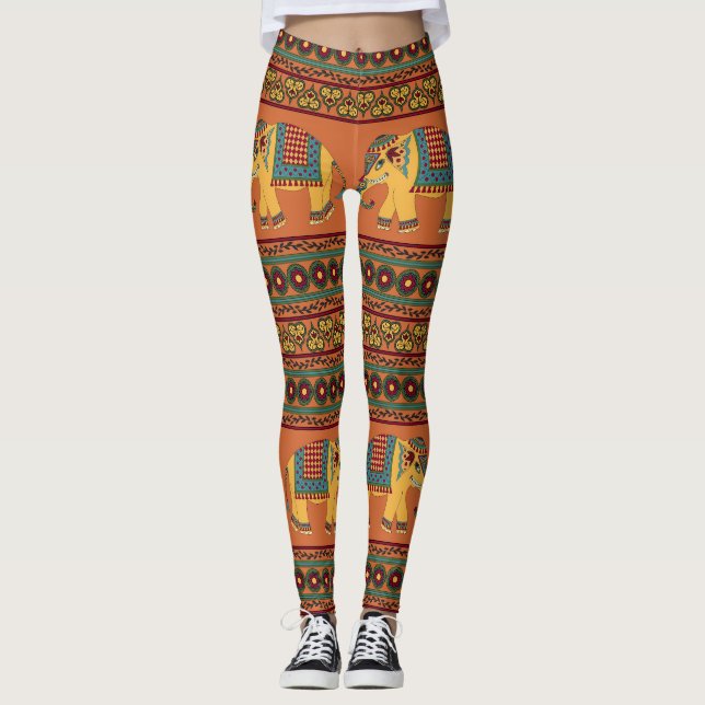 Indian Elephants, Orange Traditional Seamless. Leggings (Front)