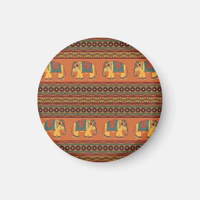 Indian Elephants, Orange Traditional Seamless. Magnet (Front)