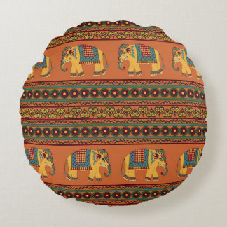 Indian Elephants, Orange Traditional Seamless. Round Cushion