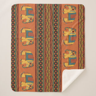 Indian Elephants, Orange Traditional Seamless. Sherpa Blanket