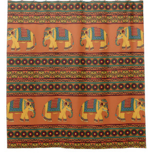 Indian Elephants, Orange Traditional Seamless. Shower Curtain