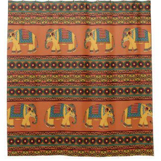 Indian Elephants, Orange Traditional Seamless. Shower Curtain