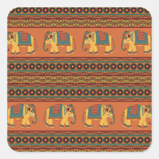 Indian Elephants, Orange Traditional Seamless. Square Sticker