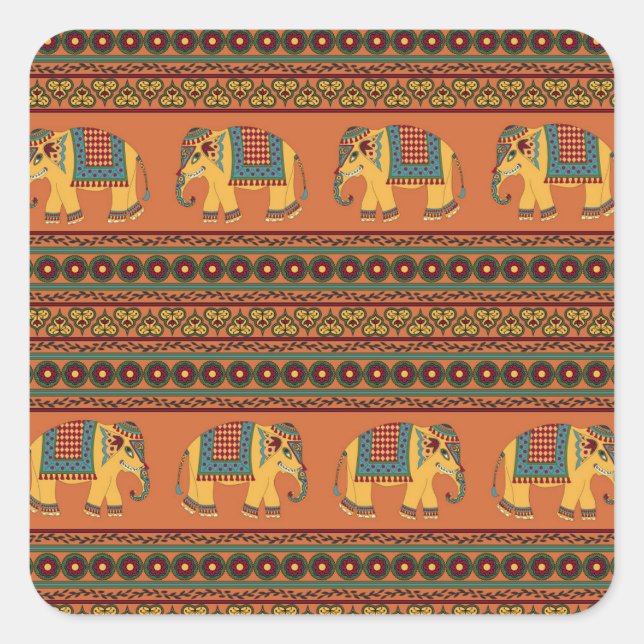 Indian Elephants, Orange Traditional Seamless. Square Sticker (Front)