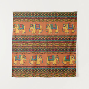 Indian Elephants, Orange Traditional Seamless. Tapestry