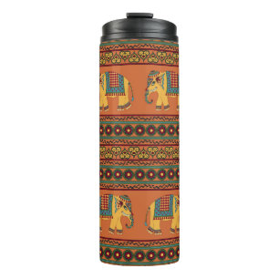 Indian Elephants, Orange Traditional Seamless. Thermal Tumbler