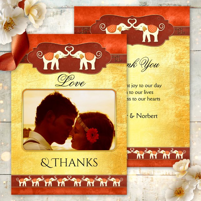 Indian Elephants Photo Thank You Card (Wedding Thank You card featuring your own photo framed by a unique design with ivory elephants)